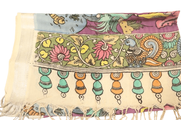 Hand painted Madhubani cotton silk dupatta with parrots and floral motifs