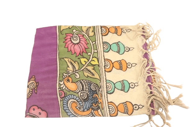 Hand painted Madhubani cotton silk dupatta with parrots and floral motifs
