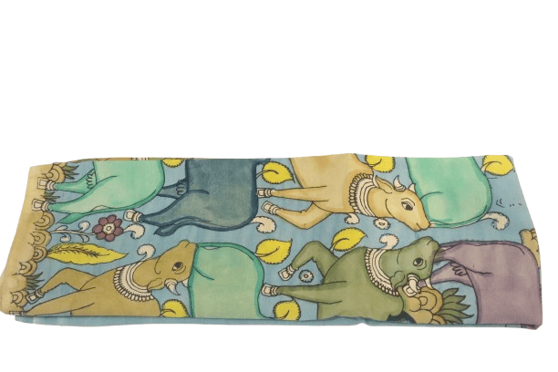 Kalamkari hand made Blue Hand Painted Cotton Saree with Madhubani Art