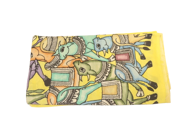 Yellow Cotton Kalamkari Hand Painted Saree
