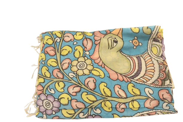 A beautiful hand-painted Madhubani cotton silk saree with intricate floral and peacock motifs.