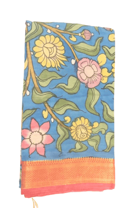 Blue Hand Block Printed Pure Cotton Saree With Blouse Piece