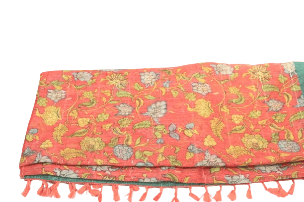 Kalamkari handmade Beige and Green Handloom Saree with Traditional Elephant and Palace Motif