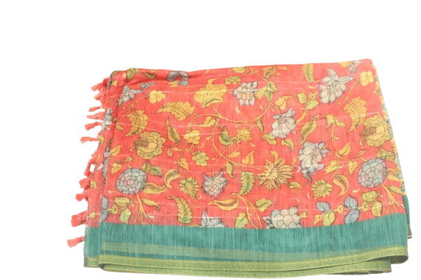 Kalamkari handmade Beige and Green Handloom Saree with Traditional Elephant and Palace Motif