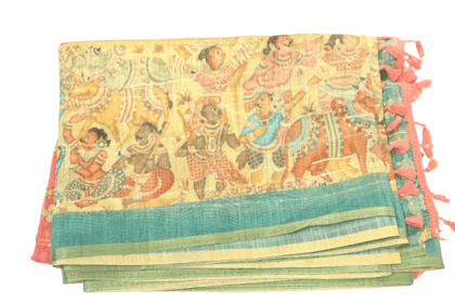 Kalamkari handmade Beige and Green Handloom Saree with Traditional Elephant and Palace Motif