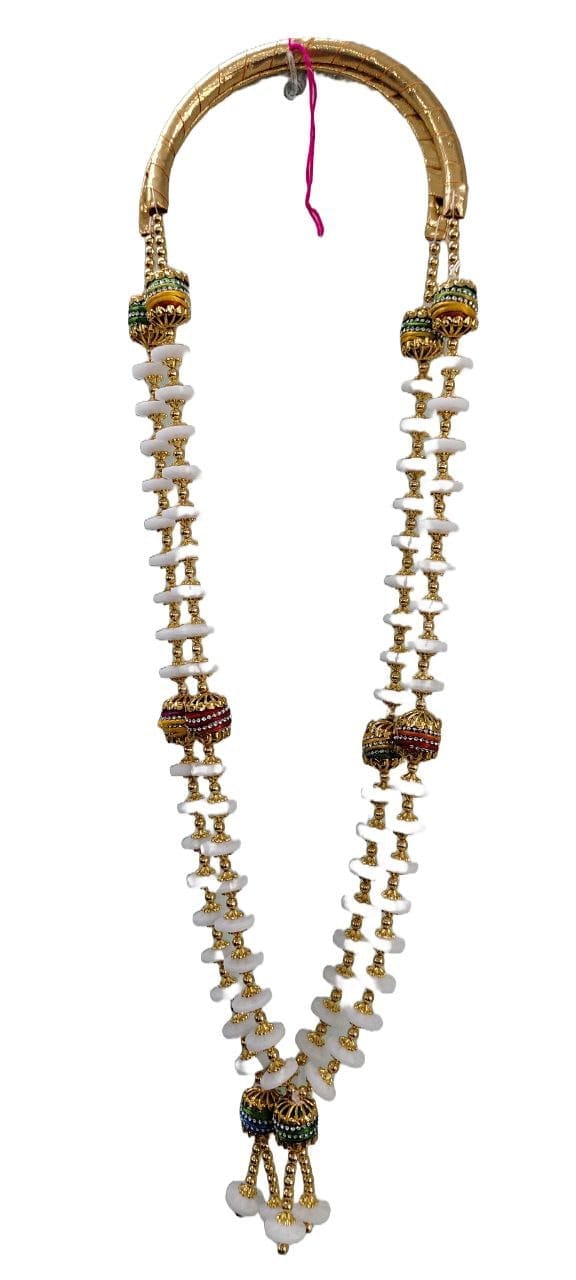 White round beads haar mala with golden beads and multi-color borlas