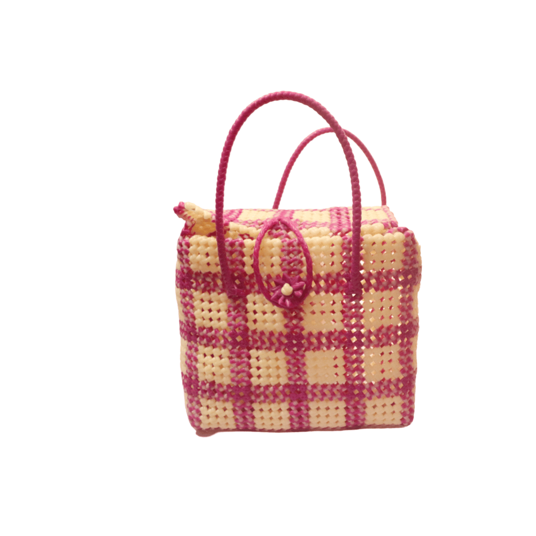 Chic Handwoven Pink and White Checkered Mini Basket Bag with Flower Accents