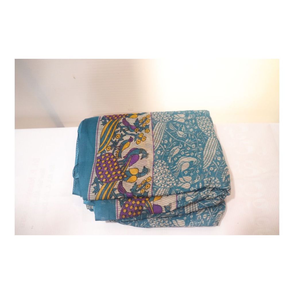 Blue Peacock Saree with Floral Print and Yellow Border