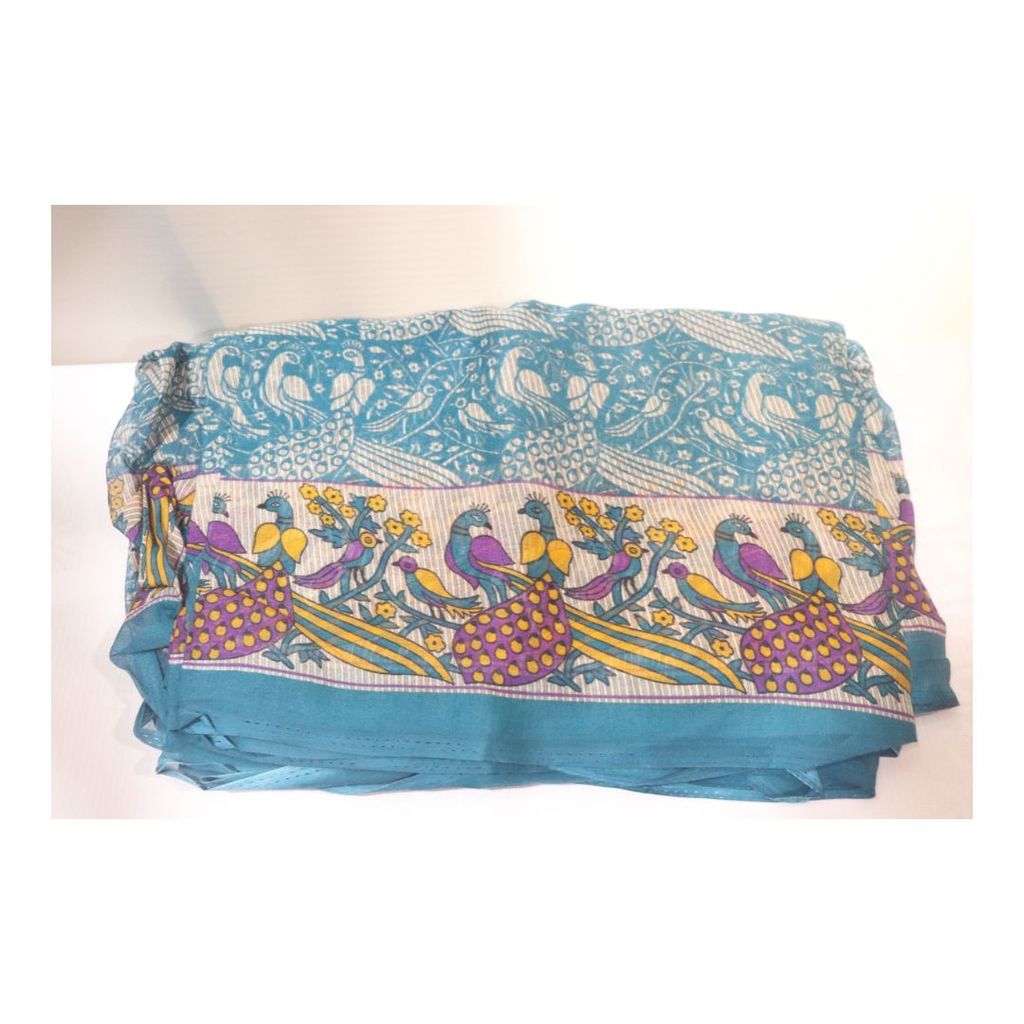Blue Peacock Saree with Floral Print and Yellow Border
