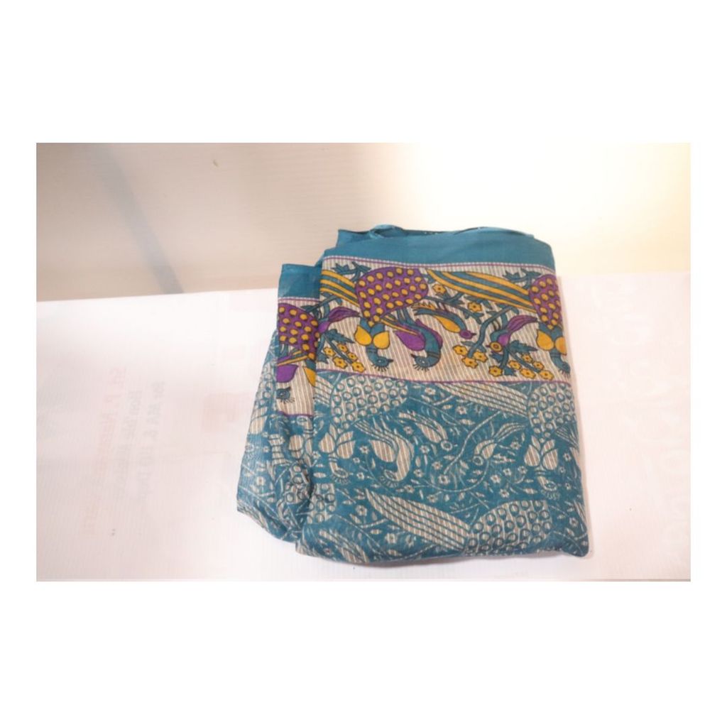 Blue Peacock Saree with Floral Print and Yellow Border