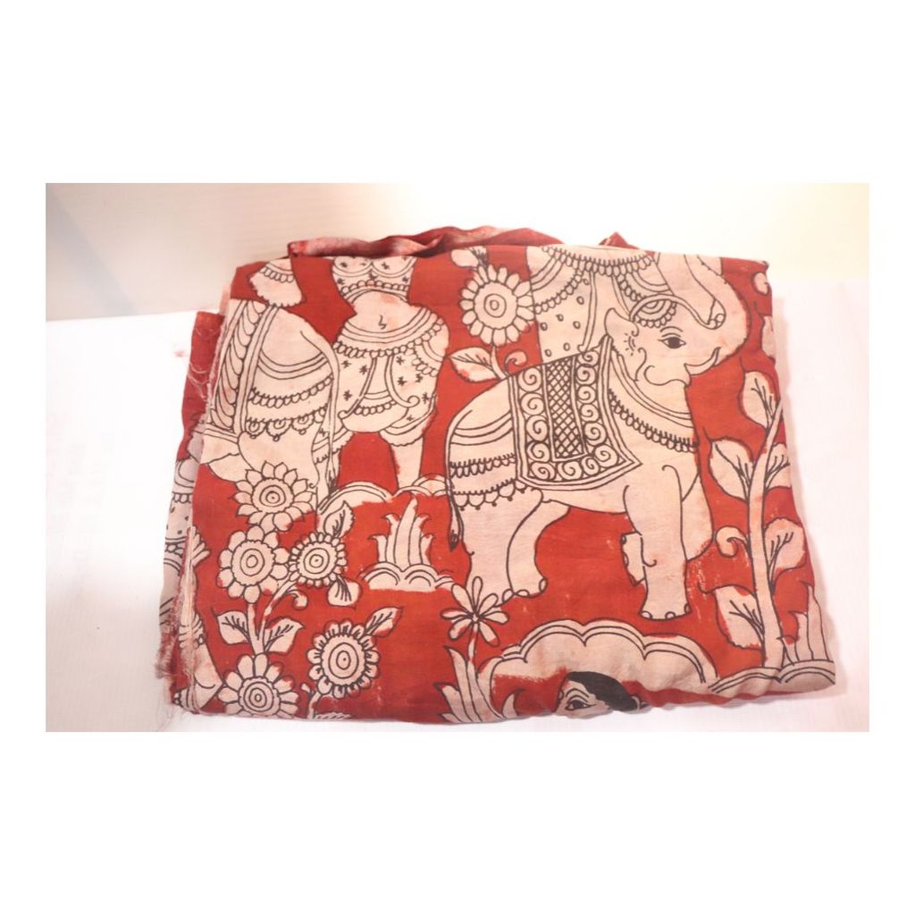 Hand-painted Kalamkari cotton fabric with elephant motif