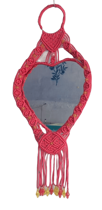 Heart-Shaped Macrame Wall Mirror with Beads
