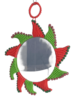 Handmade macrame sunburst mirror with green and red cotton rope