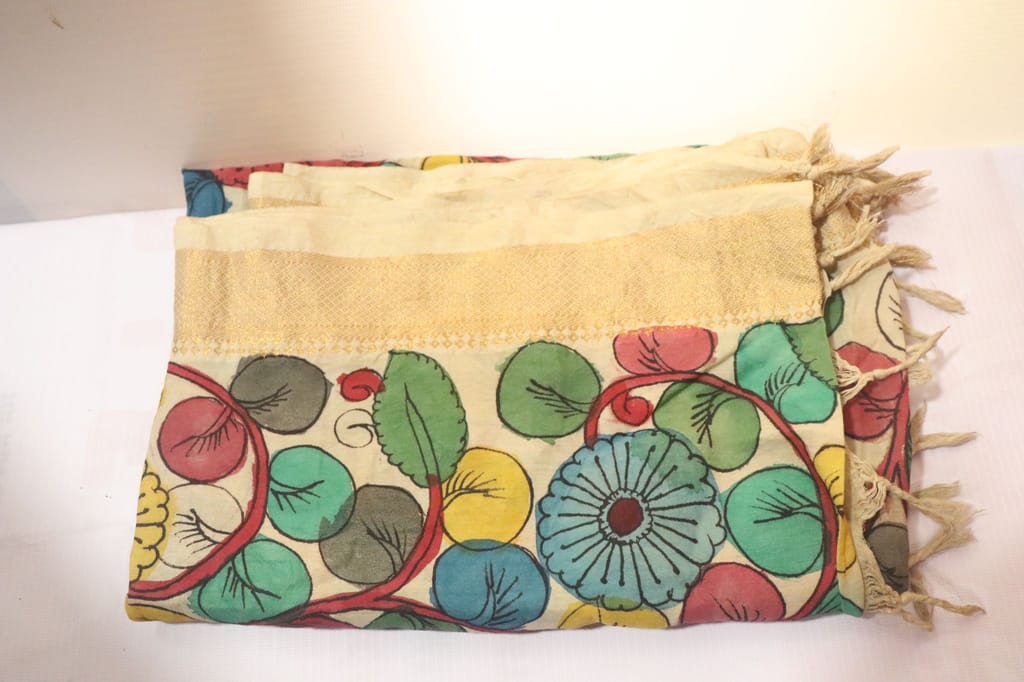 Hand Painted Kalamkari Silk Saree With Blouse Piece