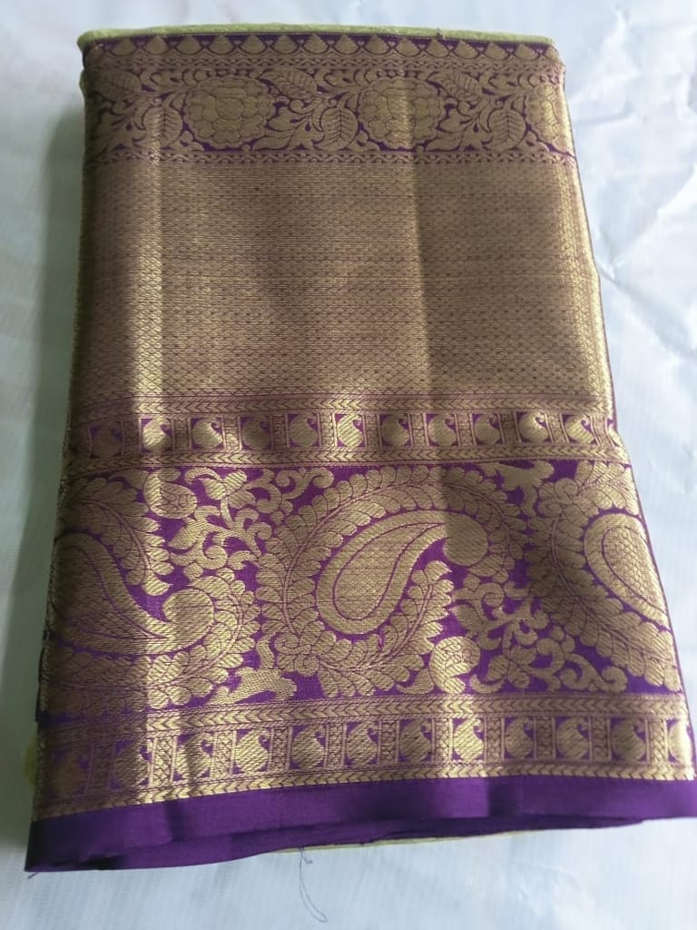 Green and Purple Silk Saree With Golden Zari Border