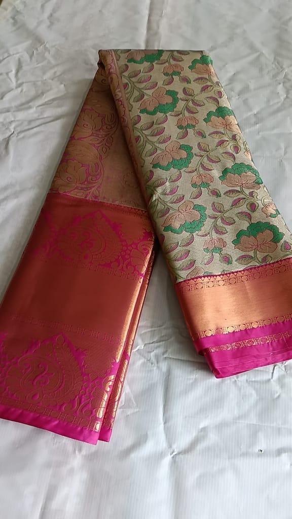 Green and Pink Floral Saree 5.5 meters with combined blouse