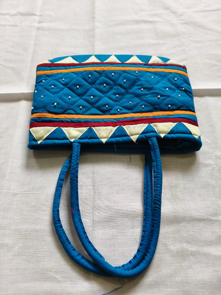 Handmade Beaded Blue Cotton Tote Bag