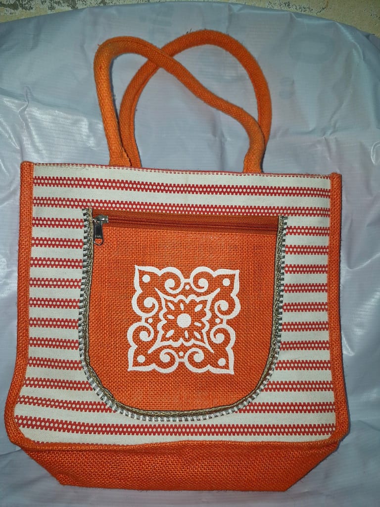 Small Jute Tote Bag with Zipper and Front Pocket - Handbags | Buy online on ZillyBuy