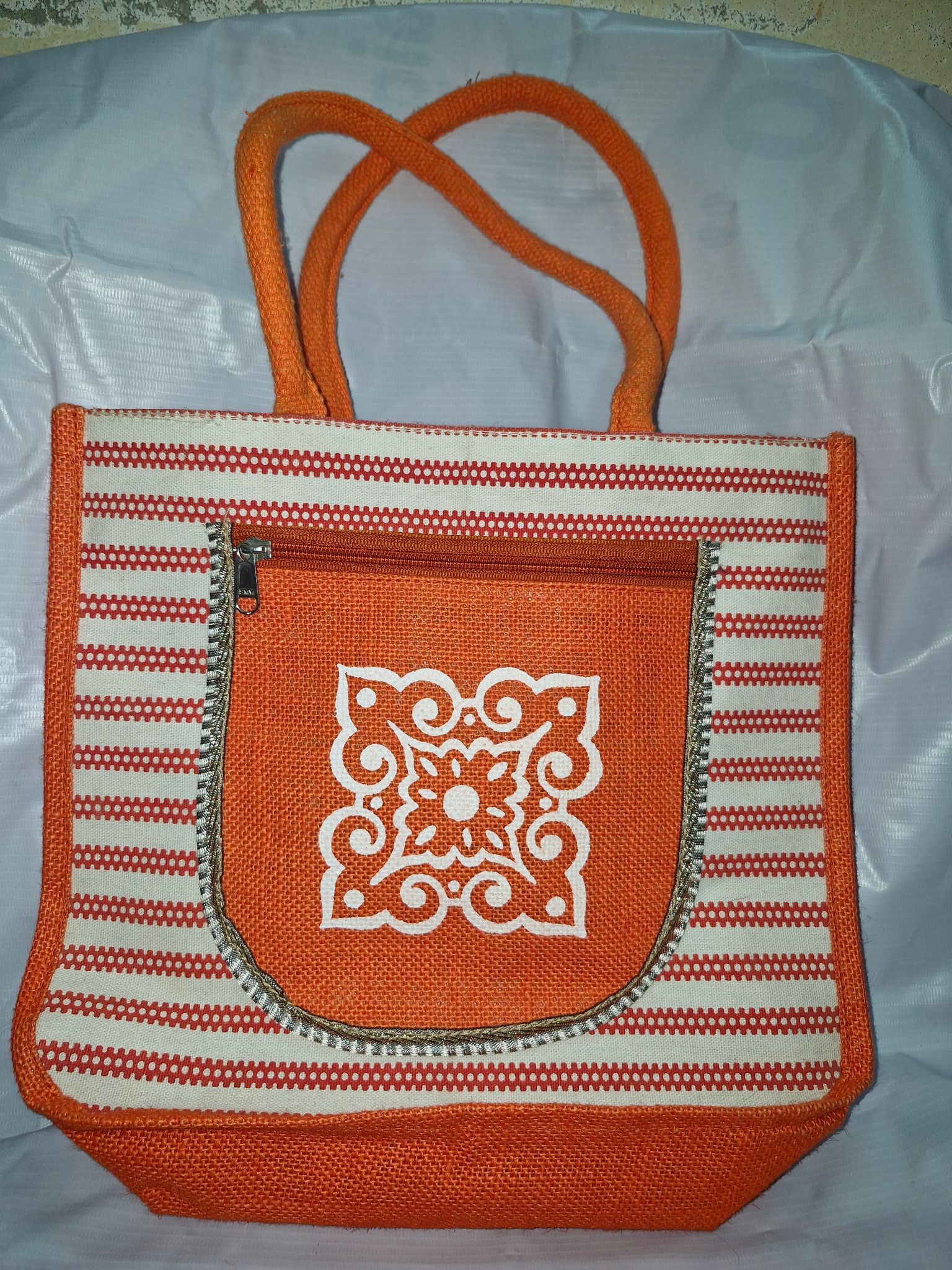 Small Jute Tote Bag with Zipper and Front Pocket