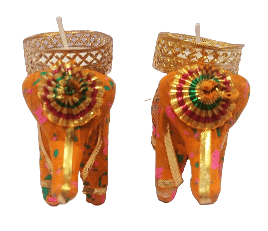 A pair of handcrafted and hand-painted clay elephants with intricate detailing and vibrant colors, perfect for adding a touch of Indian culture and elegance to your home decor. - Pooja Needs | Buy online on ZillyBuy