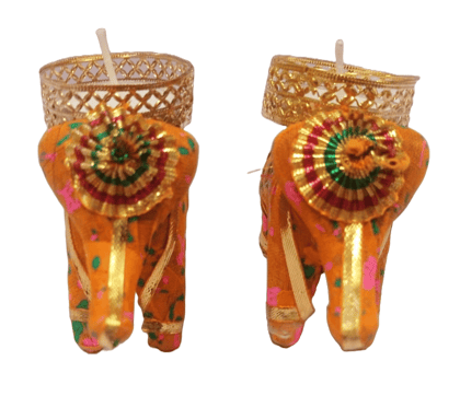 A pair of handcrafted and hand-painted clay elephants with intricate detailing and vibrant colors, perfect for adding a touch of Indian culture and elegance to your home decor.