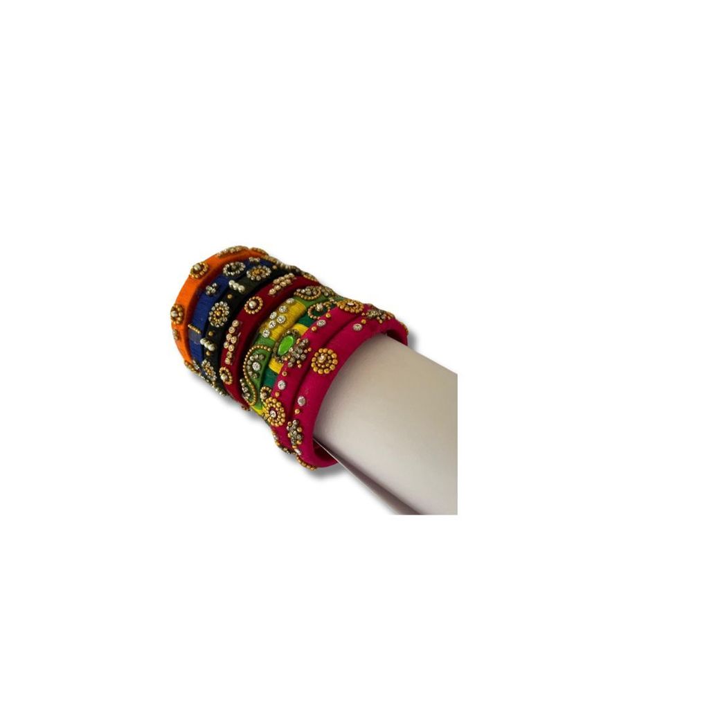 Set of 6 Traditional Indian Silk Thread Bangles with Rhinestone Accents