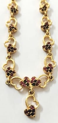 Gold Plated Heart Shape Chain Necklace with Red and Green Stones