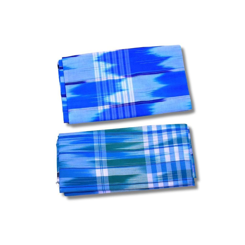 A Pair of Blue Handwoven Cotton Lungis with Green and White Stripes