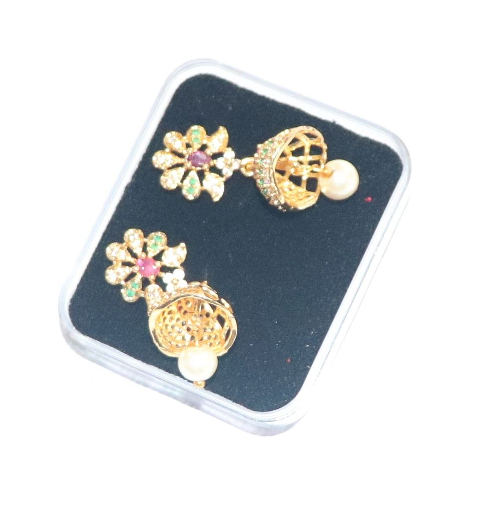 Pearl and Cubic Zirconia Flower-Shaped Drop Earrings