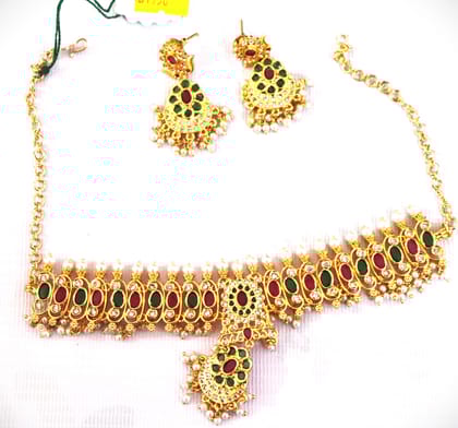 Gold Plated Traditional Indian Kempu Necklace Set with Earrings for Women Gold Plated Traditional Indian Kempu Necklace Set with Earrings for Women