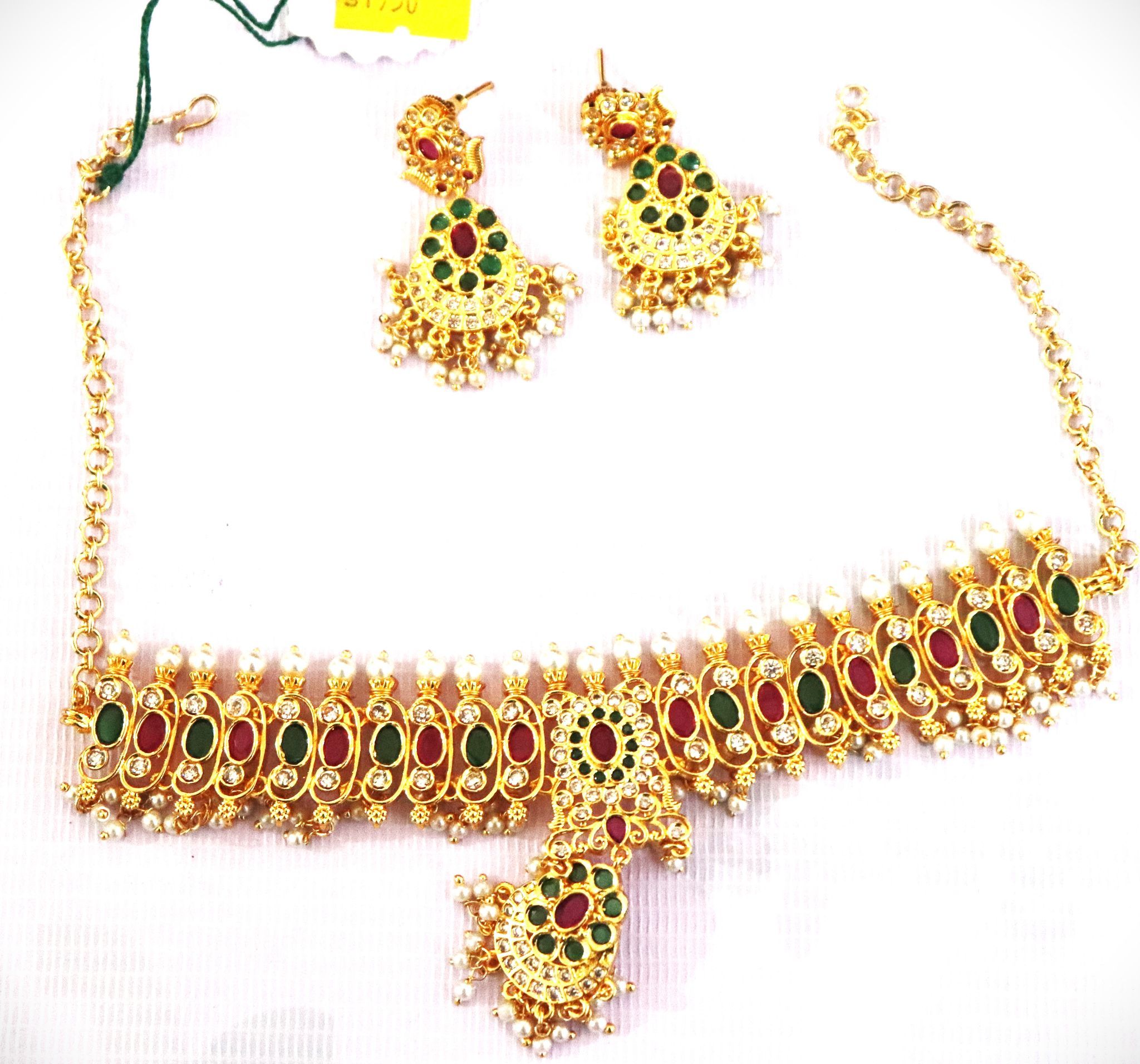Gold Plated Traditional Indian Kempu Necklace Set with Earrings for Women