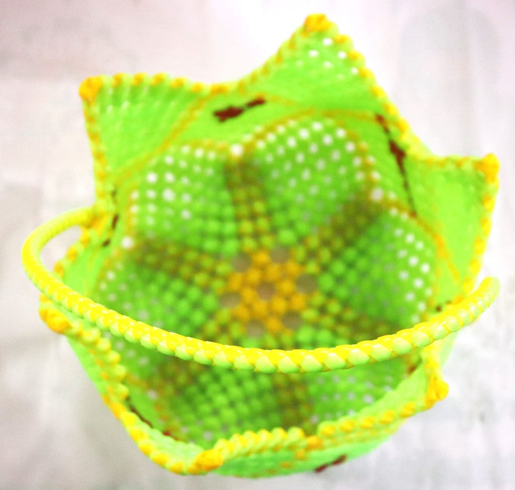 Green and Yellow Beaded Basket with Red Flower Accents