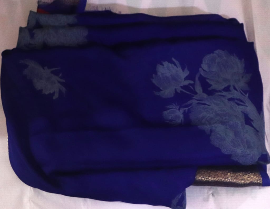 Blue Floral Saree with Golden Border