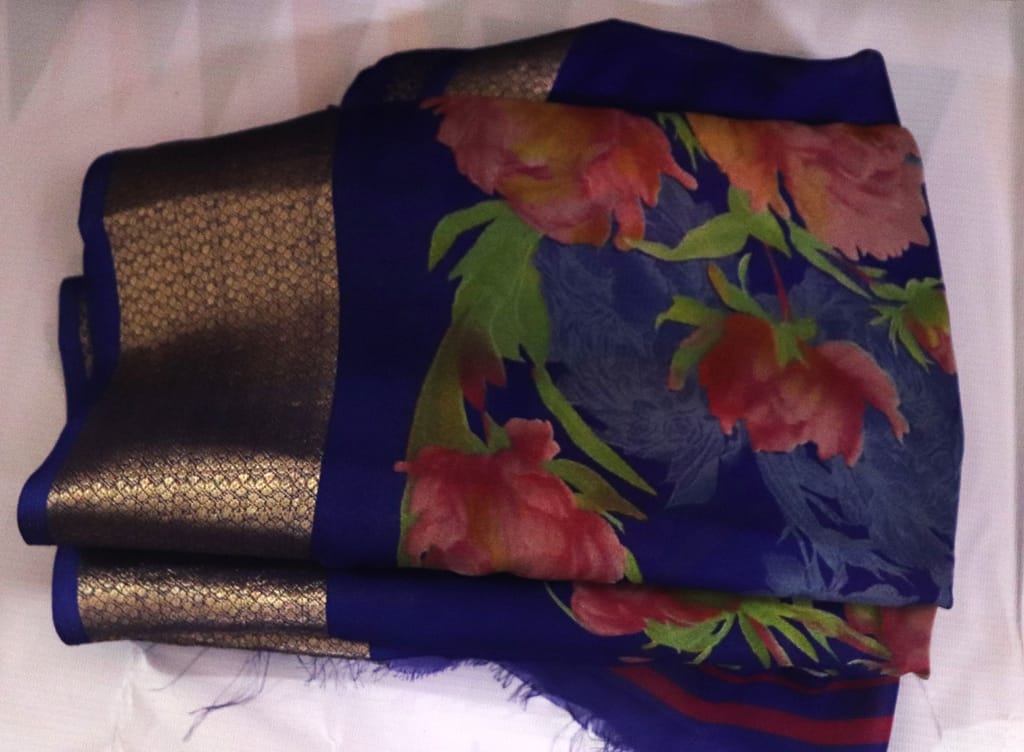 Blue Floral Saree with Golden Border