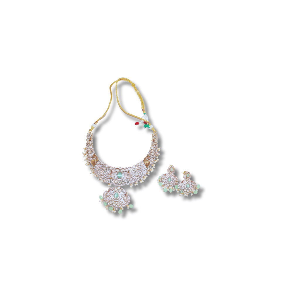 Stunning Gold-Plated Kundan Necklace Set with Green Stones