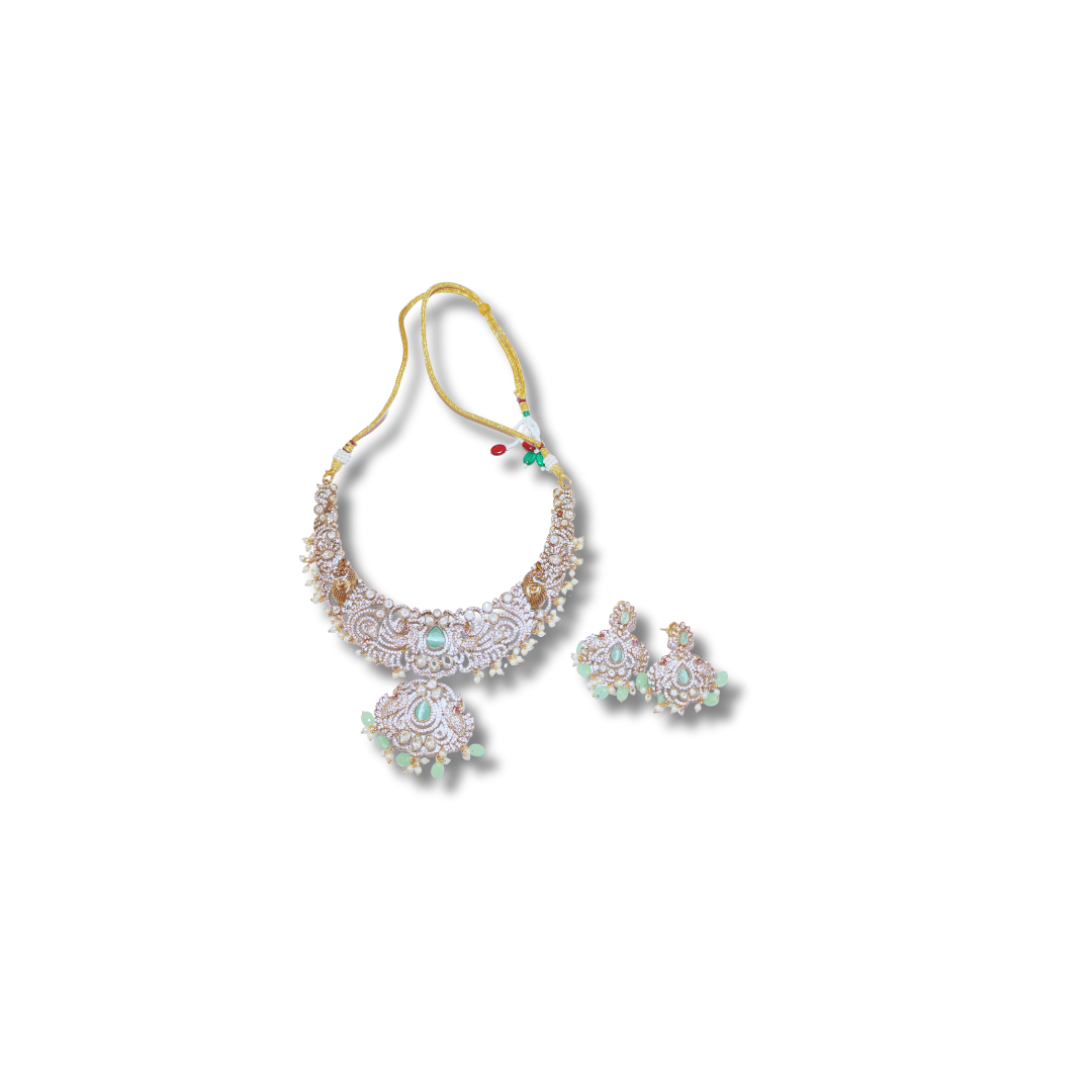 Stunning Gold-Plated Kundan Necklace Set with Green Stones
