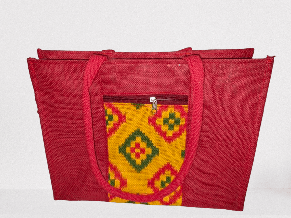 Red Jute Tote Bag with Geometric Print - Handbags | Buy online on ZillyBuy