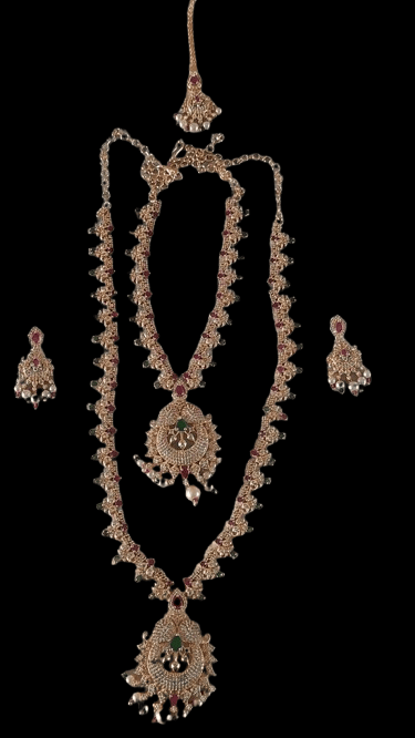 Bridal Gold Plated Haram and Necklace Set with Earrings and Maang Tikka - Jewellery Sets | Buy online on ZillyBuy