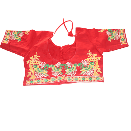 Red Hand Embroidered Cotton Blouse With Gota Patti Work