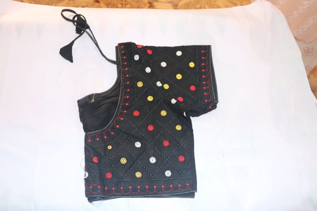 Black cotton blouse with mirror work embroidery