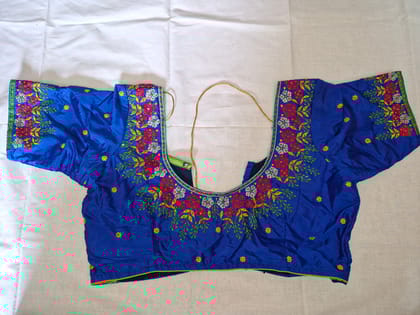 Blue Hand Embroidered Blouse With Floral Motifs