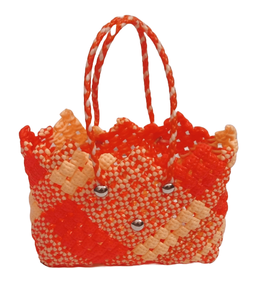 Handmade Miniature Orange and Cream Plastic Tote Bag