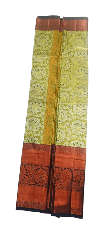 Green and gold zari woven Kanchipuram silk saree with contrast red border