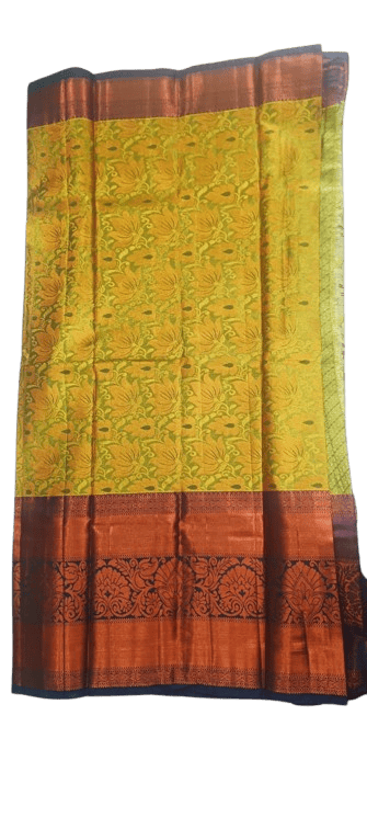 Green and gold zari woven Kanchipuram silk saree with contrast red border