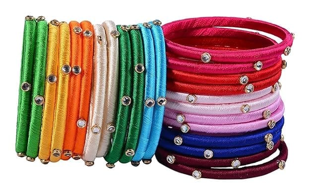 Set of 24 Colorful Silk Thread Bangles with Rhinestone Accents