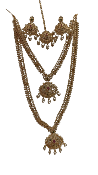 Bridal Gold Plated Haram Necklace Set With Earrings and Maang Tikka - Jewellery Sets | Buy online on ZillyBuy