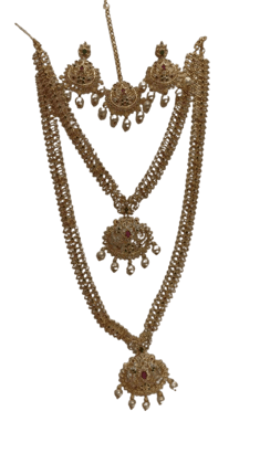 Bridal Gold Plated Haram Necklace Set With Earrings and Maang Tikka