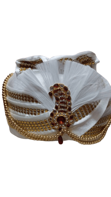 White Wedding Turban with Gold and Maroon Embellishment