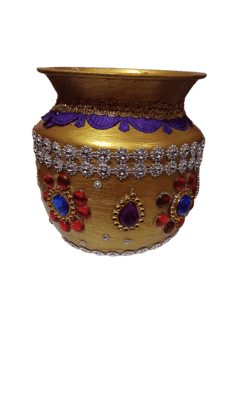 Gold-Plated Kalash with Stones and Beads for Pooja