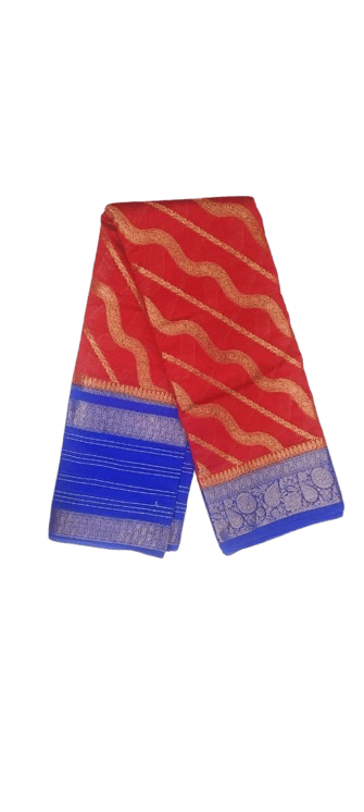 Red and Blue Traditional Saree with Golden Zari Border - Sarees | Buy online on ZillyBuy